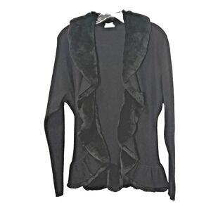 TSE Black Fur Trim Cashmere Cardigan Medium Shawl Collar Ruffle Hem Quiet Luxury